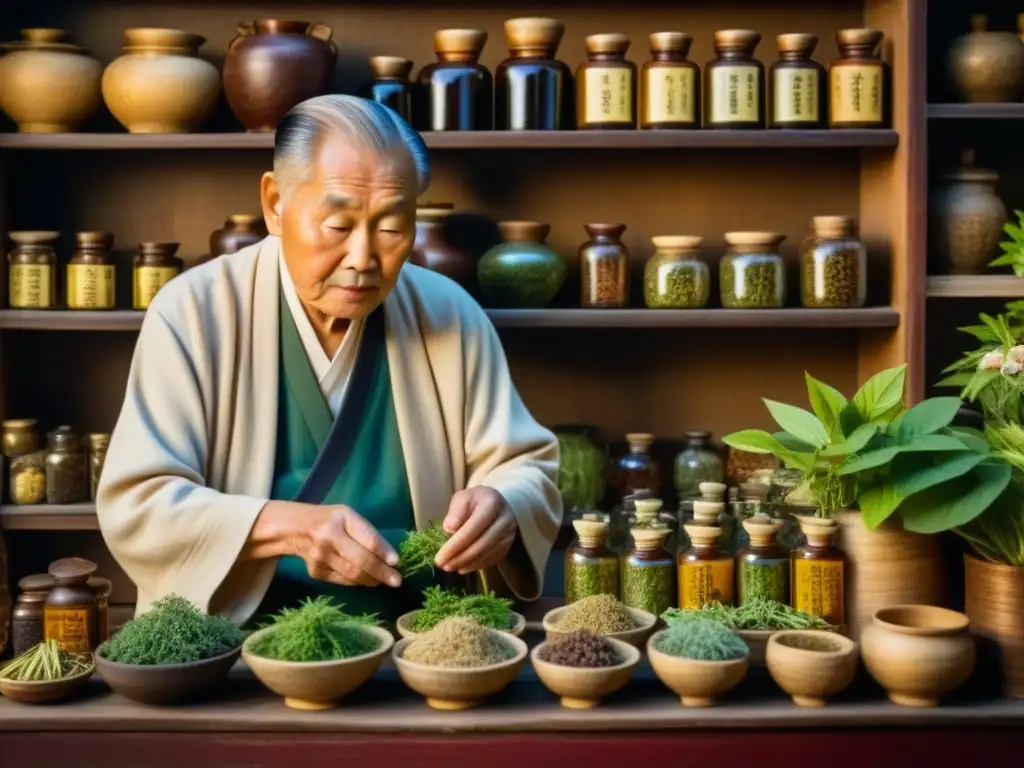 Un anciano sabio selecciona hierbas en una antigua tienda de hierbas chinas