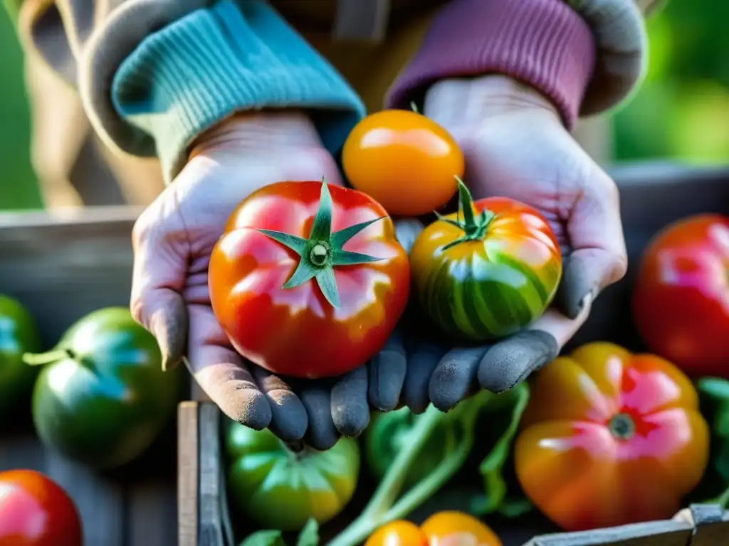 Un anciano sabio sostiene tomates históricos, mostrando autosuficiencia en huertas, bajo el cálido sol