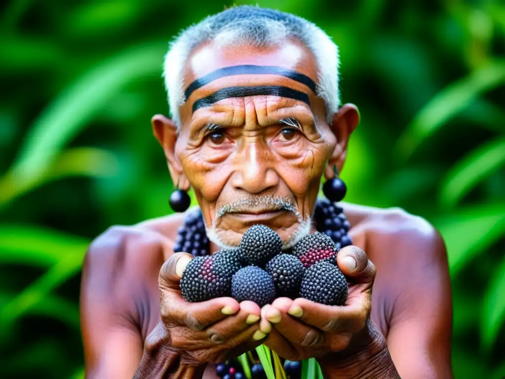 Un anciano tribal del Amazonas sostiene bayas de açaí maduras entre sus manos, mostrando una profunda conexión cultural