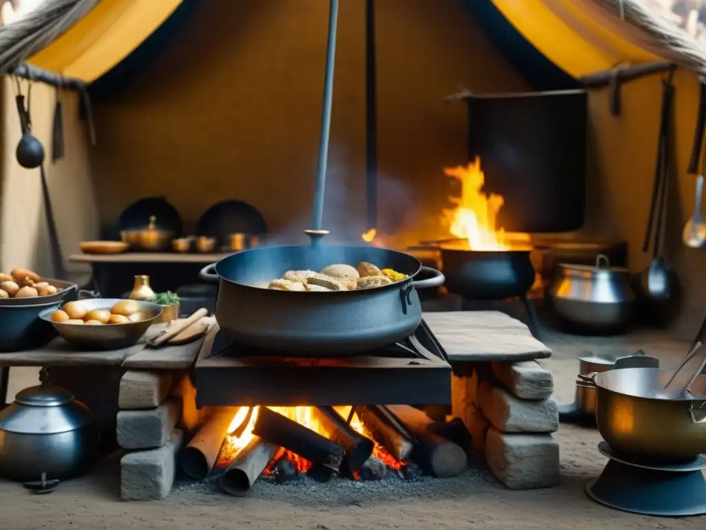 Una animada cocina de campaña en cruzadas: soldados y cocineros preparando alimentos alrededor de un caldero burbujeante sobre el fuego