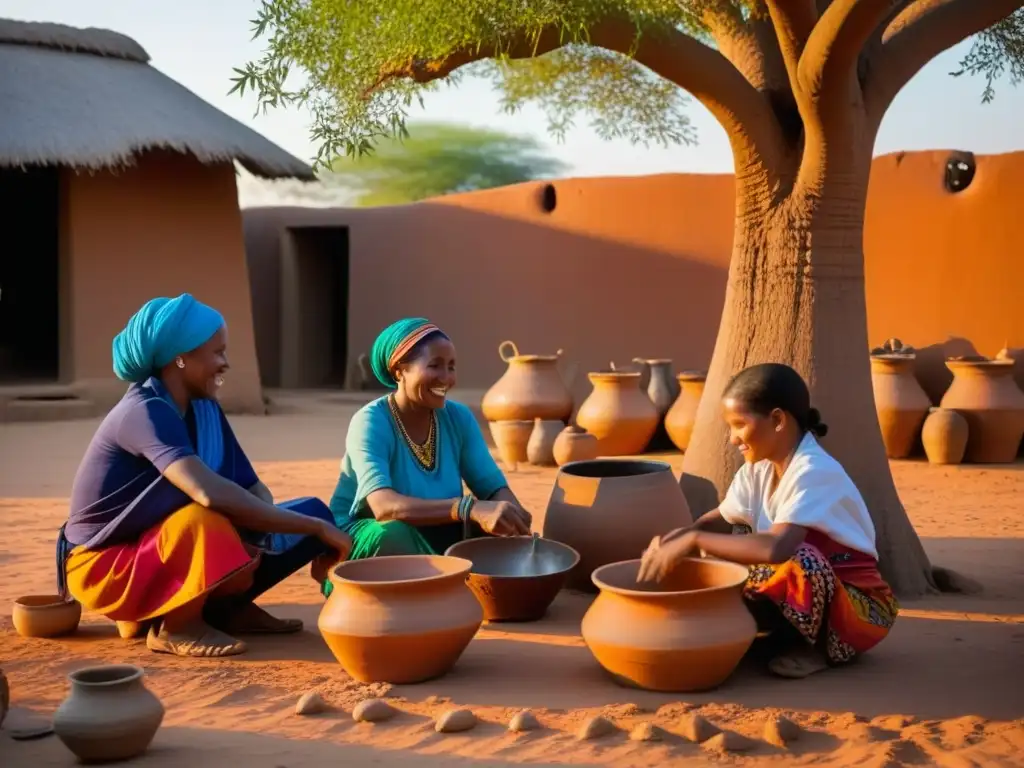 Un animado pueblo saheliano preparando platos de mijo, entre risas y tradiciones bajo un atardecer dorado