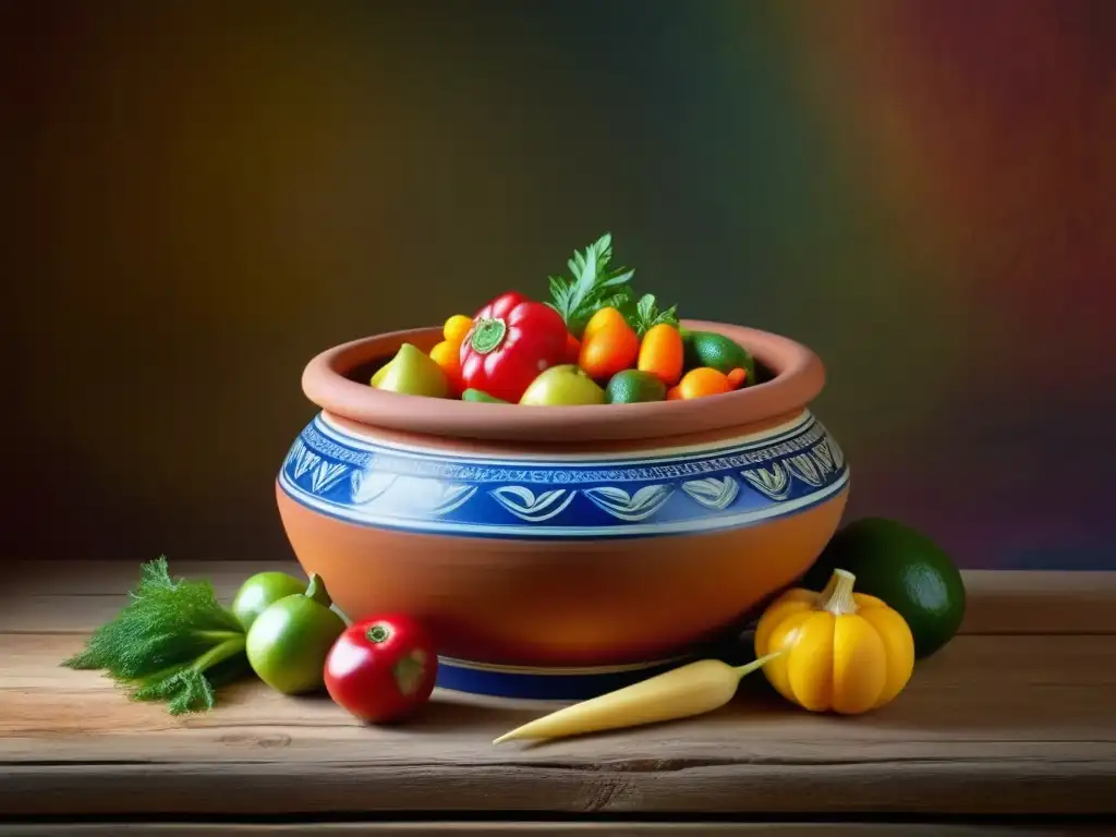 Antigua conservación de alimentos: detallada olla de arcilla con frutas y verduras coloridas, resaltando tradición y texturas