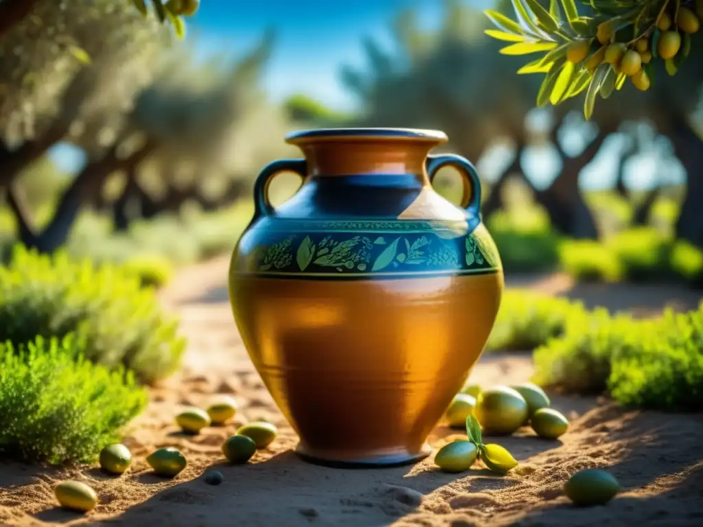 Una antigua ánfora de barro llena de aceite de oliva dorado, rodeada de olivos bajo el sol mediterráneo