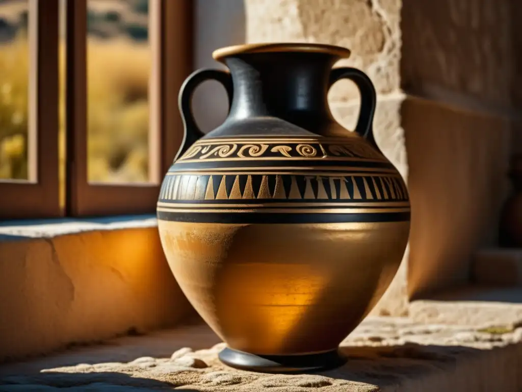 Antigua ánfora griega con patrones detallados, manchas de vino y una cálida luz dorada, reflejando la historia y la influencia de los vinos griegos