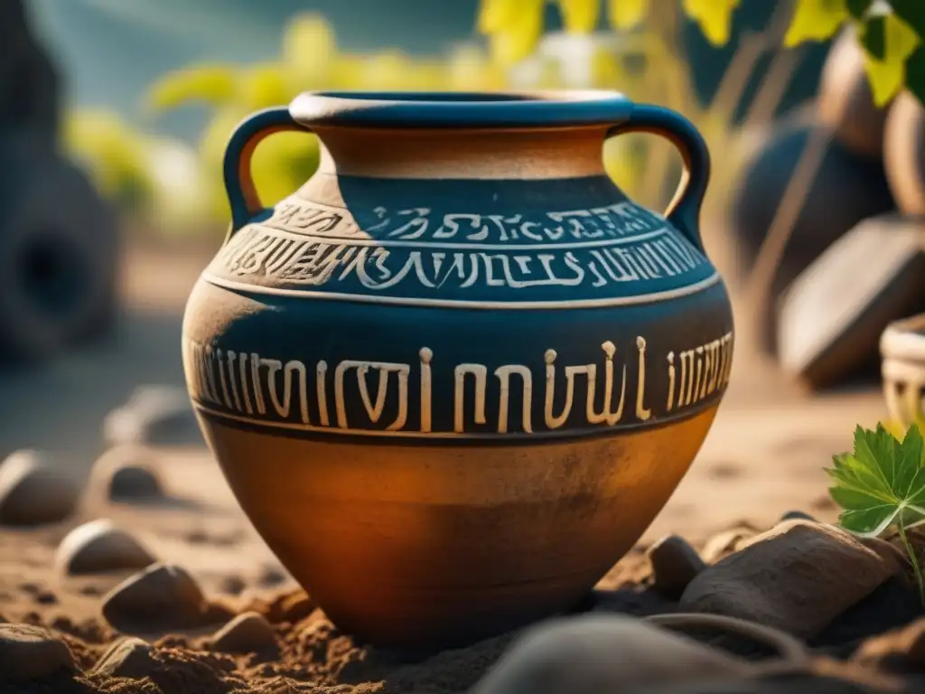 Antigua ánfora de vino con inscripciones, raíces de vid y tierra, evocando la influencia cultural de los vinos antiguos en el mercado global