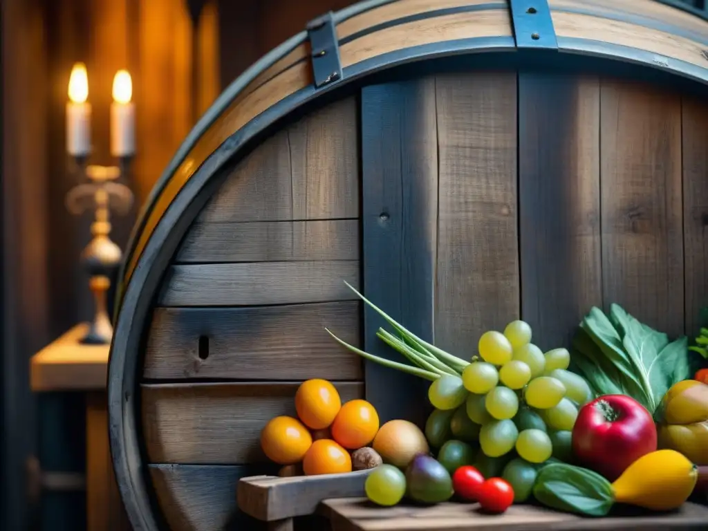 Antigua barrica de madera con frutas y verduras fermentando