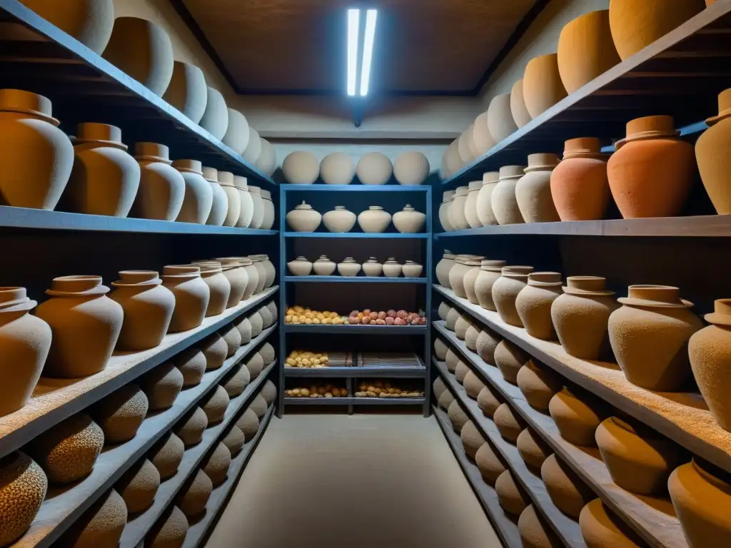 Una antigua bodega de alimentos preservados en exploraciones históricas, con frutas, granos y carnes en vasijas de barro