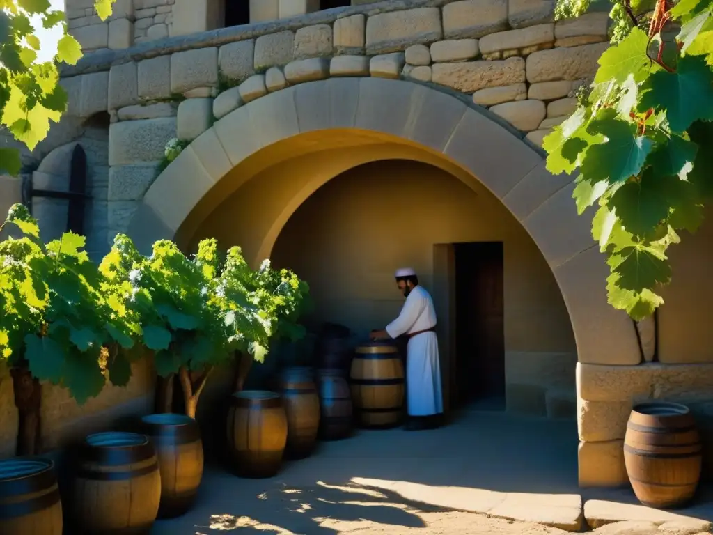 Antigua bodega armenia con vasijas de piedra y viticultores tradicionales entre vides y frutos maduros