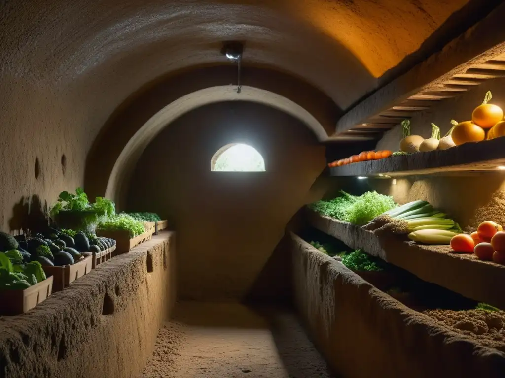 Antigua bodega subterránea con métodos ancestrales de refrigeración natural: paredes de barro, estantes con productos frescos y luz tenue