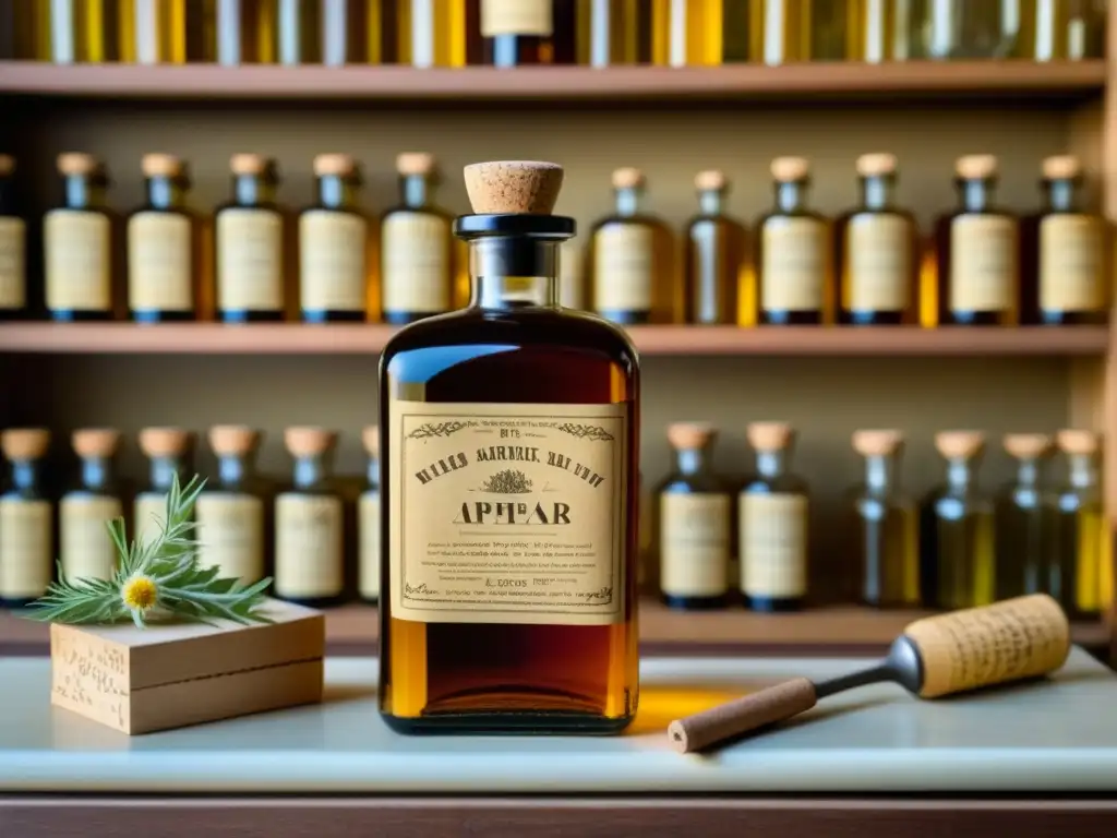 Botella vintage de licor herbal ámbar en detallado closeup Antigua botella de licor herbal ámbar en farmacia, evocando historia de licores medicinales culturas
