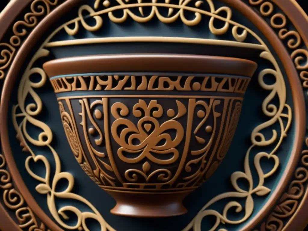 Arte mesoamericano: chocolate sagrado en cerámica ancestral Antigua cerámica mesoamericana rellena de chocolate, reflejando la importancia del cacao en rituales hispanoamericanos