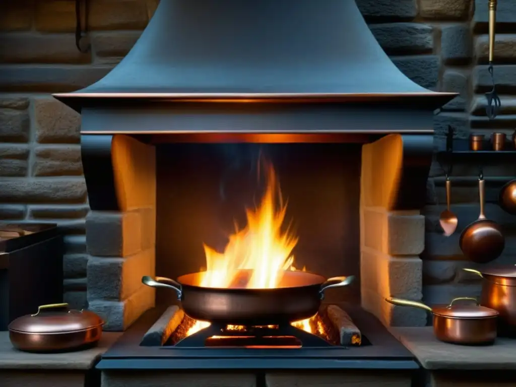 Antigua cocina de castillo francés con utensilios de cobre, fuego crepitante y ambiente medieval evocador de recetas históricas castillos Francia