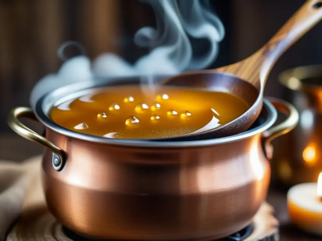 Antigua cuchara de madera revolviendo caramelo en olla de cobre, reflejando luz de vela