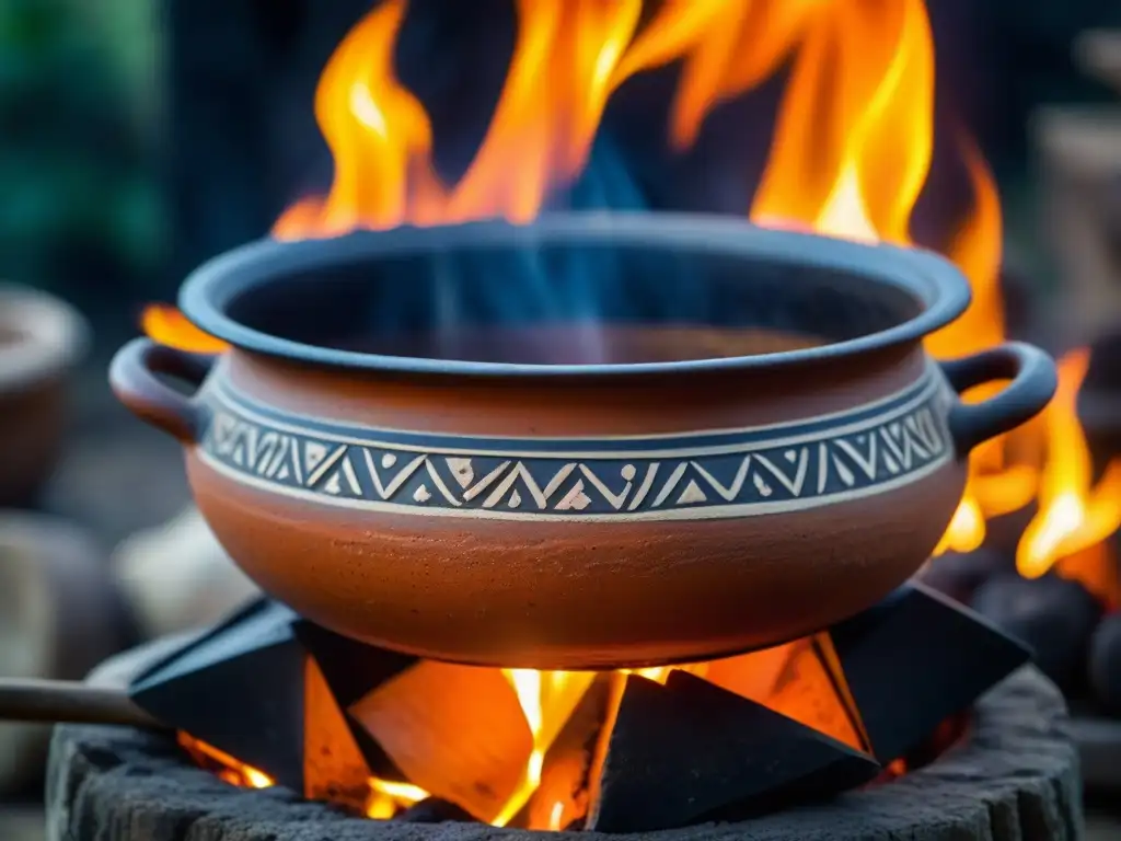 Antigua olla de barro con estofado burbujeante sobre fuego abierto