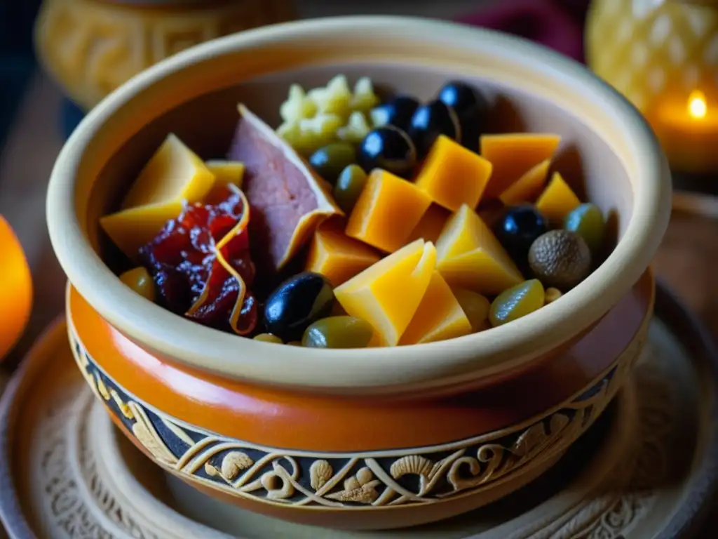 Antigua olla de barro con frutas secas, carnes ahumadas y vegetales en conserva, sellada con cera de abejas bajo luz de velas