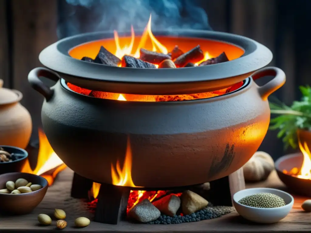 Antigua olla de barro con ingredientes prehistóricos cocinándose lentamente sobre fuego en cueva