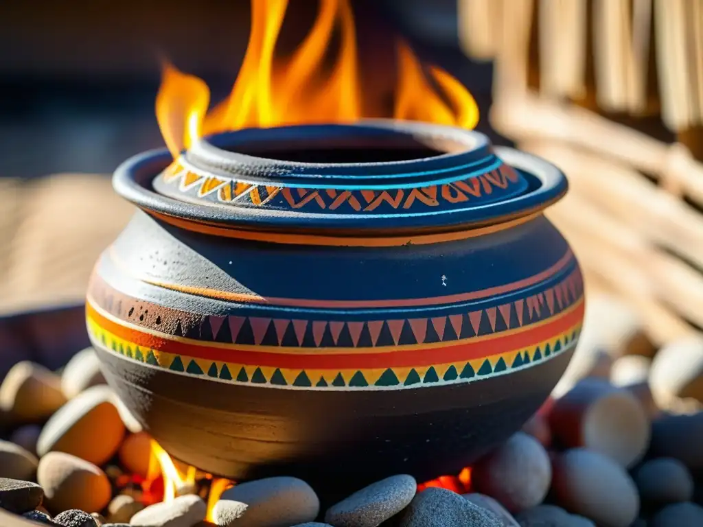 Antigua olla de barro con ingredientes coloridos cocinados en técnicas cocina solar histórica