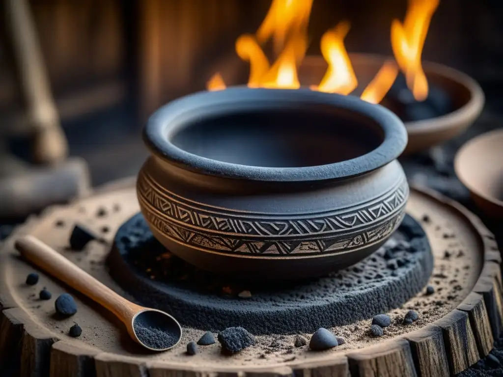 Antigua olla de barro con patrones chamuscados, restos de hollín y cenizas, evocando métodos de cocción en la antigüedad