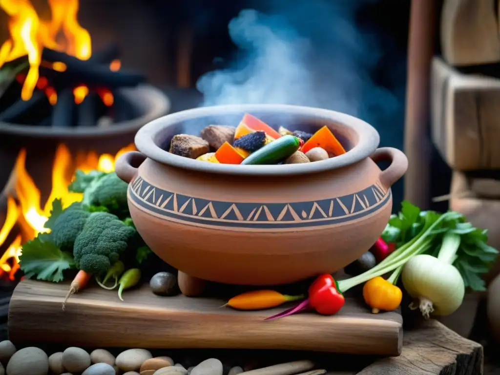 Olla de barro prehispánica: fuego, colores y tradición Antigua olla de barro prehispánica cocinando sobre fogones, técnica cocción milenios