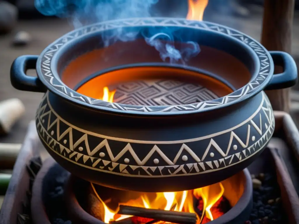 Olla prehispánica: arte culinario ancestral en fuego Antigua olla de barro prehispánica con guiso aromático en fogones prehispánicos técnica cocción milenios