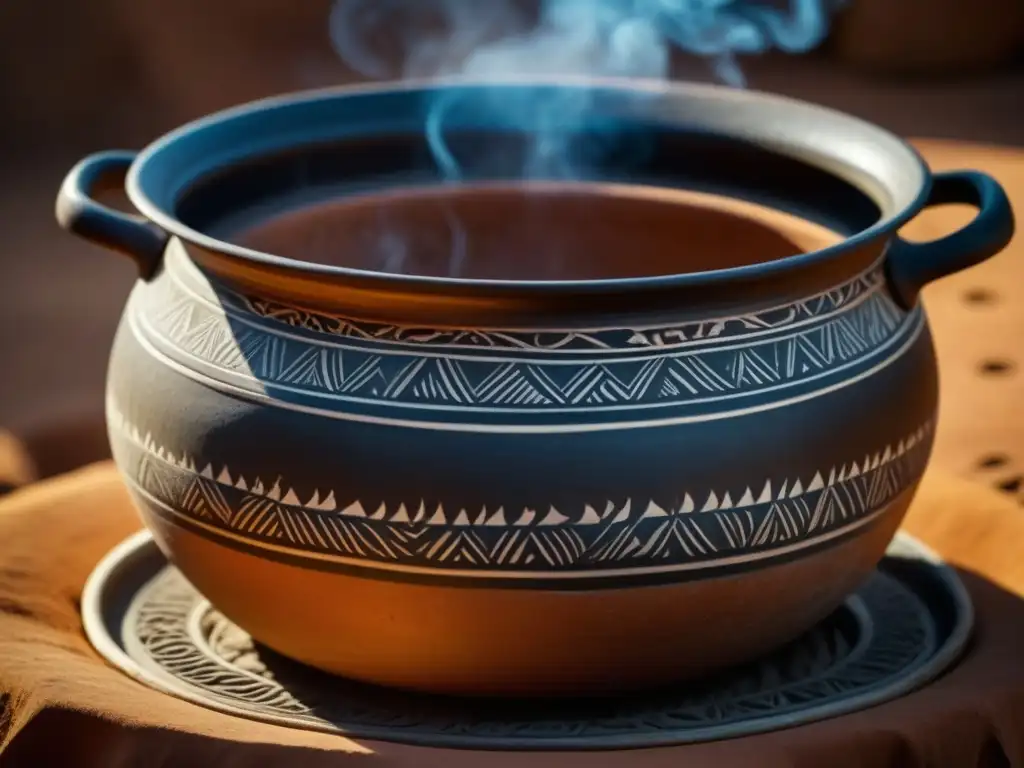 Antigua olla de barro saheliana con historia de métodos de cocción y cocina, grabados geométricos y rastros de uso