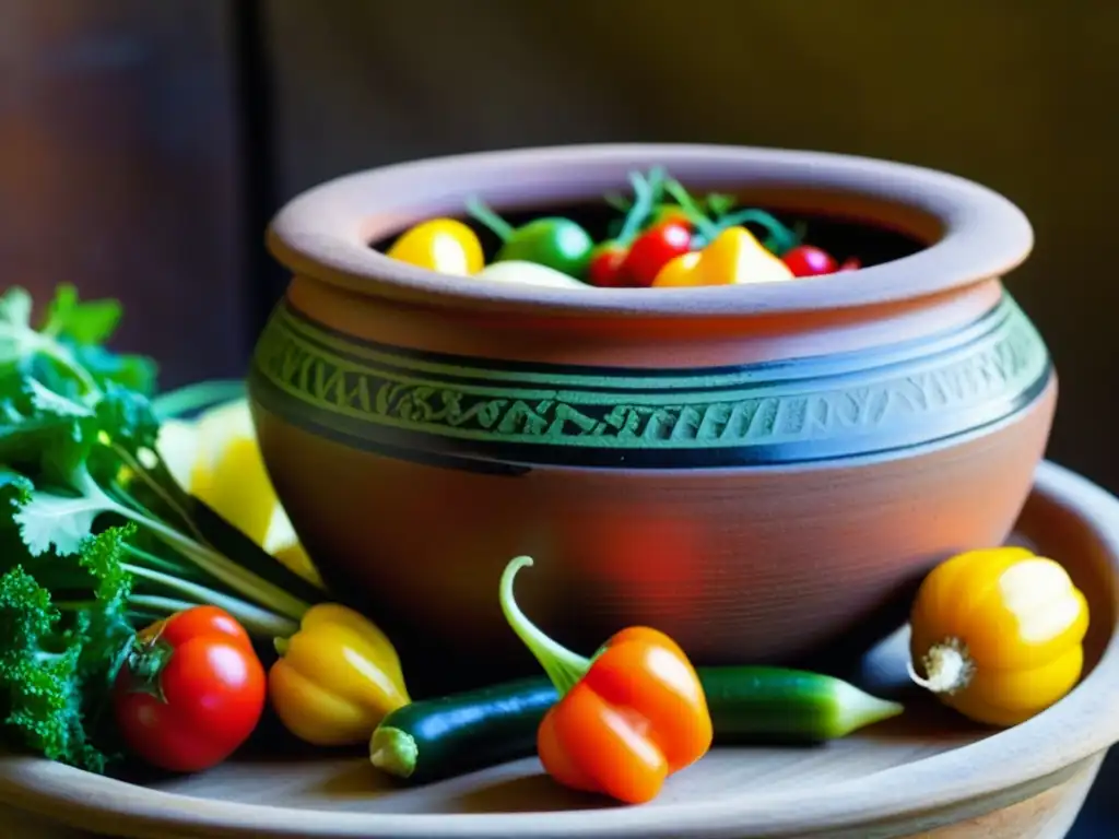 Antigua olla de barro con vegetales coloridos: conservación de alimentos en la historia