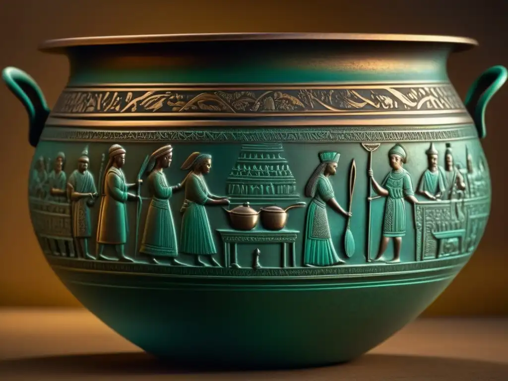 Antigua olla de bronce con engravings detallados de la vida diaria en civilización antigua, iluminada por luz cálida