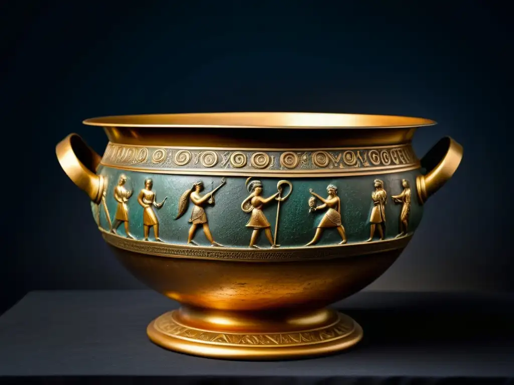 Antigua olla de bronce romana con grabados de dioses, desgaste por siglos