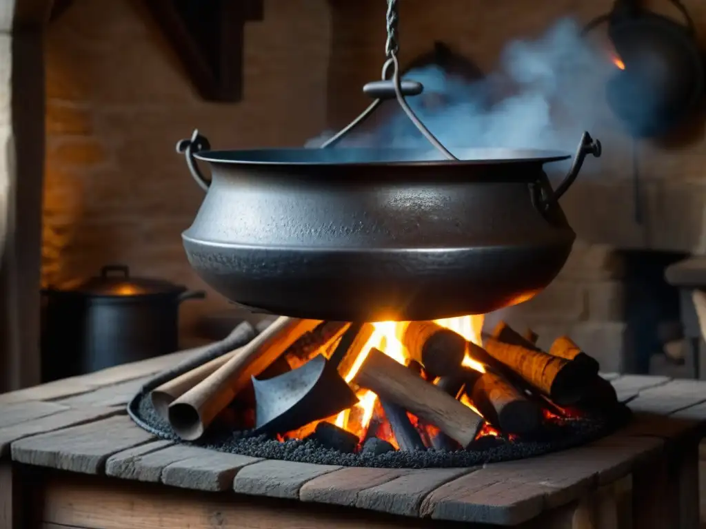 Antigua olla hierro burbujeante en fuego medieval de cocina castillo, utensilios cocina historia medieval