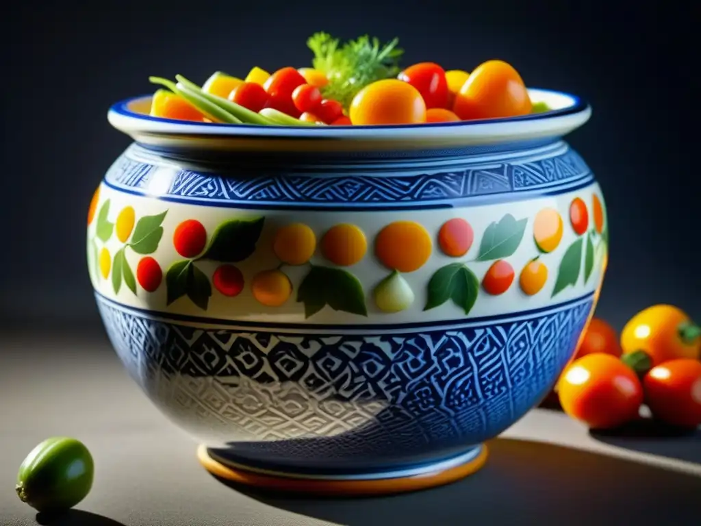 Antigua olla de cerámica con vegetales en conserva, resaltando la artesanía y técnicas de preservación