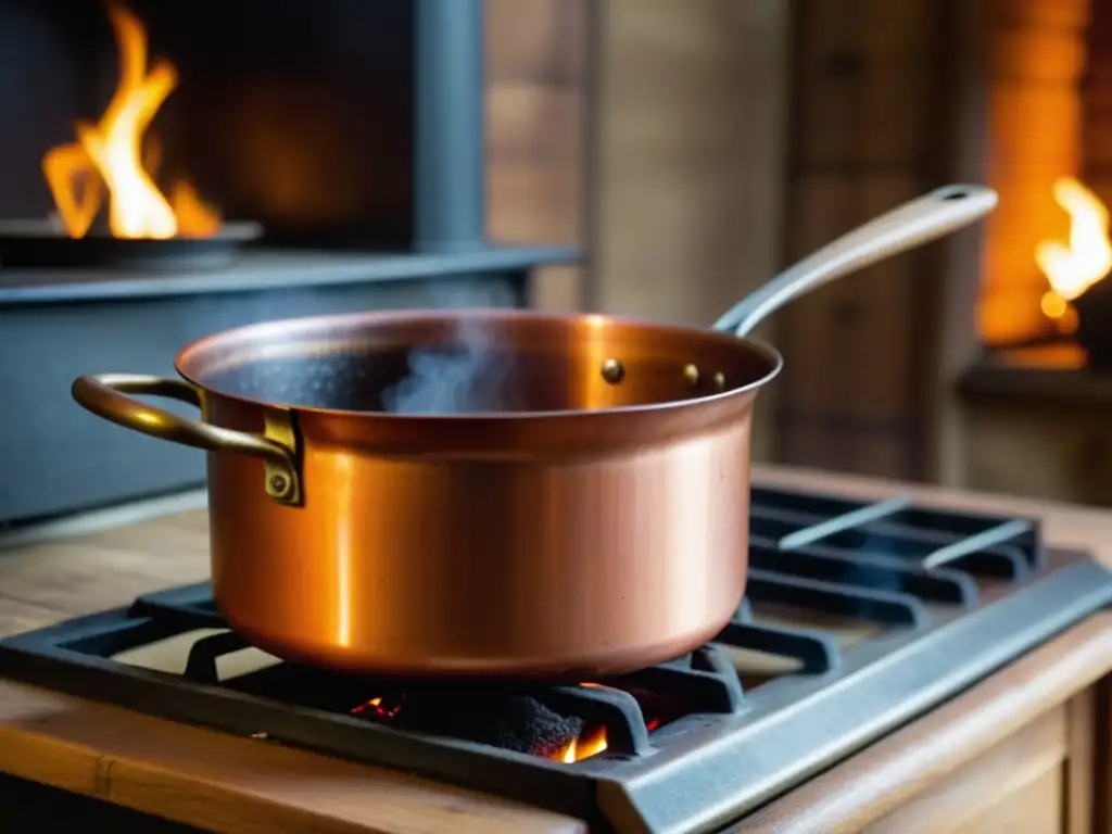 Antigua olla de cobre en cocina criolla siglo XIX, llena de guiso aromático y burbujeante, en ambiente cálido y nostálgico