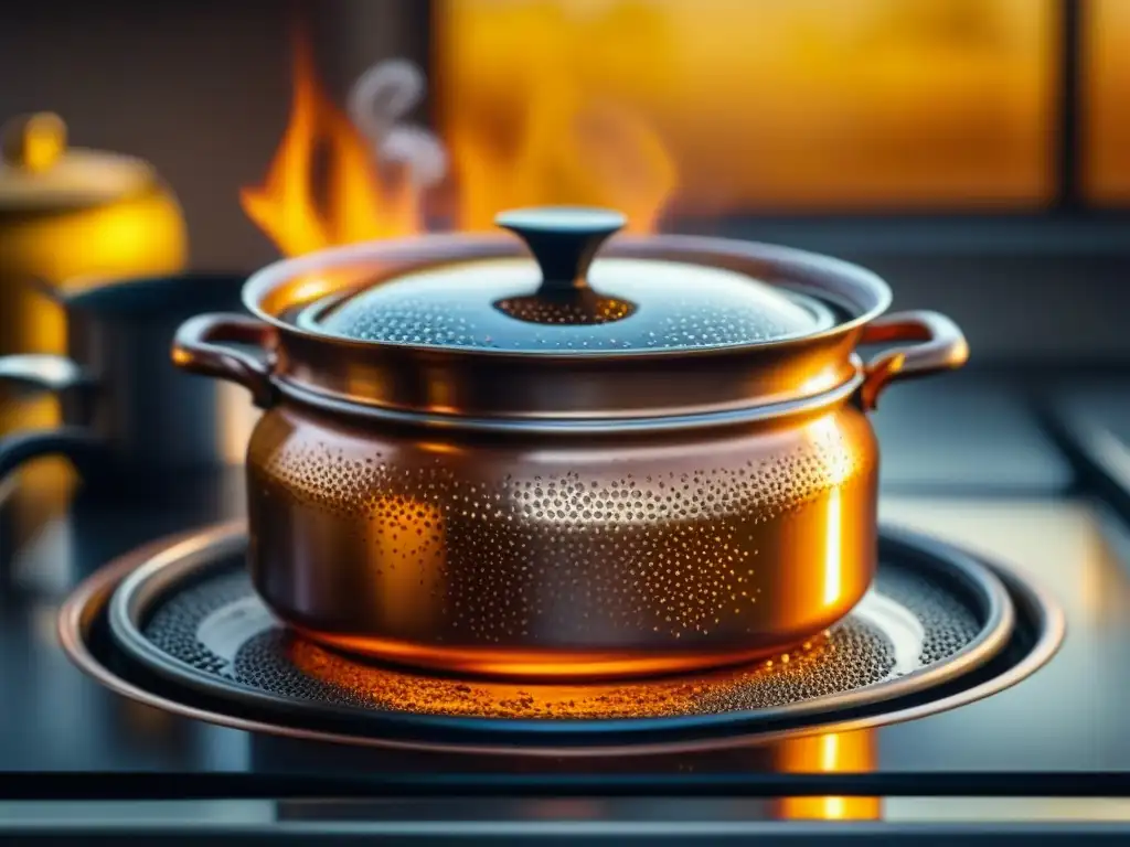 Antigua olla de cobre con jarabe dorado burbujeante, evocando dulces y confituras siglo XIX en estufa moderna