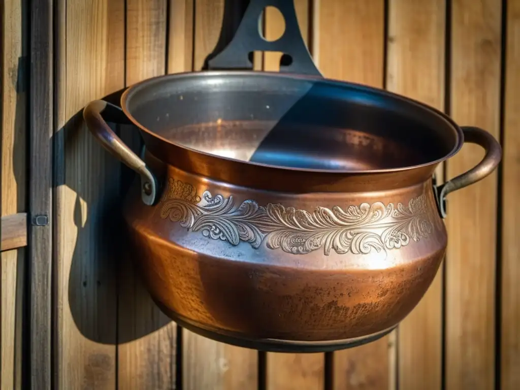 Antigua olla de cobre en pared de cocina rústica, con grabados de escenas culinarias históricas, iluminada por luz natural