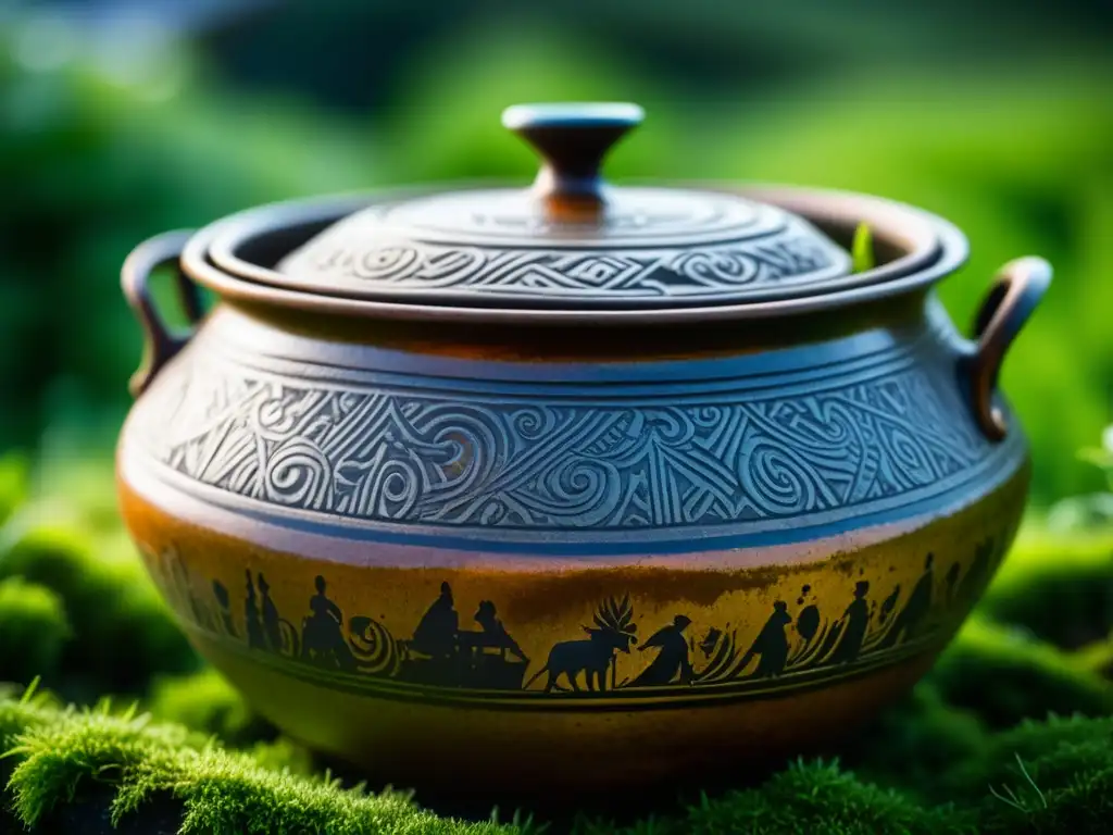 Antigua olla con grabados detallados de la vida diaria en la Era PreVikinga, sobre musgo verde vibrante