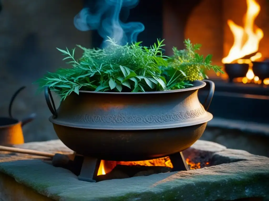 Antigua olla de hierro en cocina monástica: rica receta burbujeante y aromática