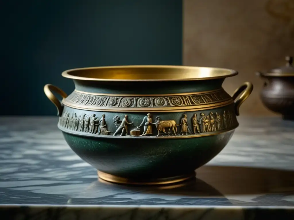 Antigua olla romana de bronce con grabados de figuras mitológicas