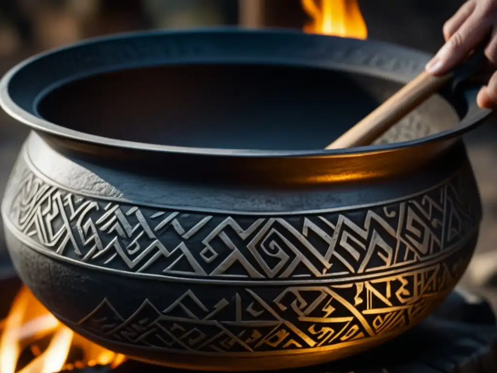 Antigua olla vikinga con grabados de runas nórdicas y restos de comida, iluminada con luz natural