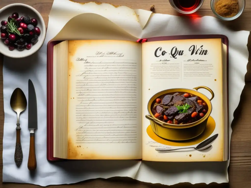 Una antigua receta de Coq au Vin o Tiramisú con anotaciones manuscritas y salpicaduras de ingredientes