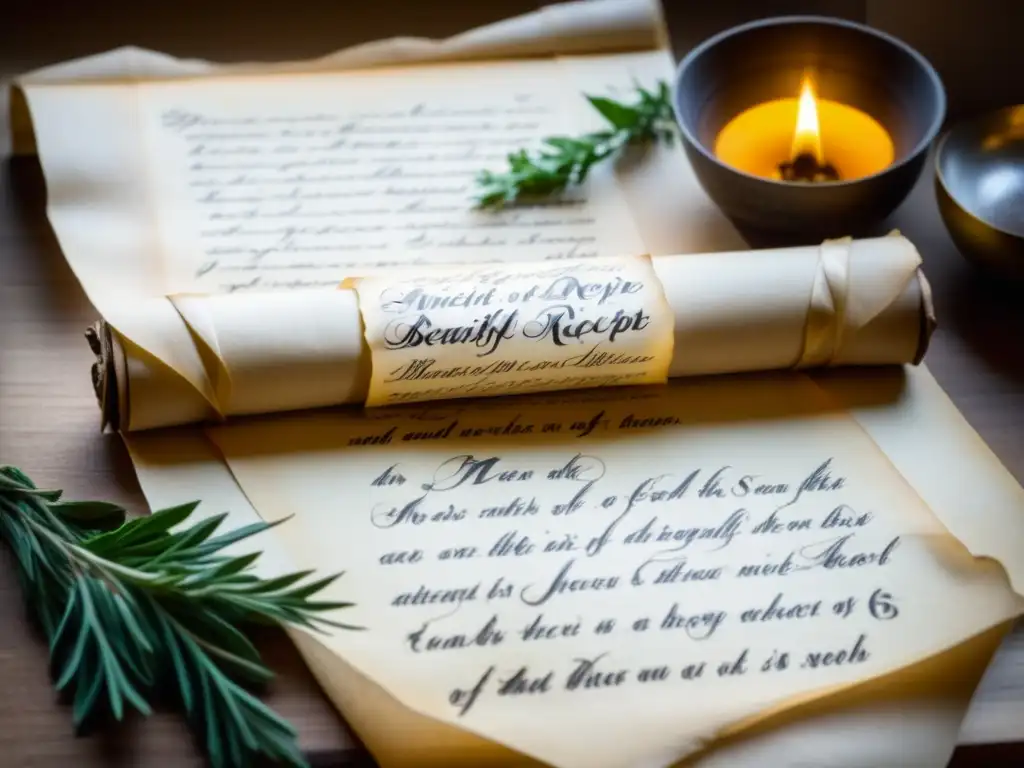 Pergamino ancestral: secretos culinarios centenarios Antigua receta histórica en pergamino con detalles de tinta y caligrafía elegante, evocando gastronomía de épocas pasadas