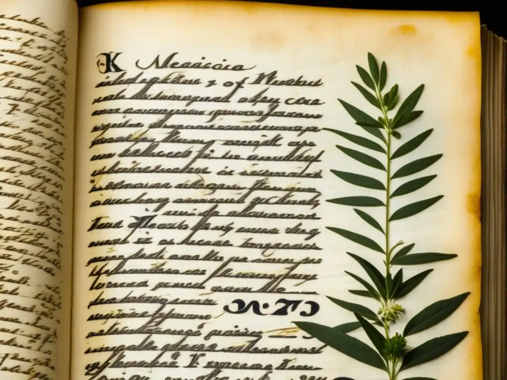 Antigua recetario de licores medicinales: historia y tradición Antigua receta de licores medicinales en pergamino envejecido, con caligrafía detallada e ilustraciones de hierbas