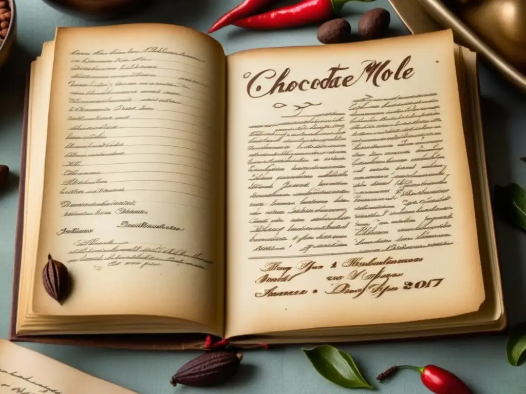 Una antigua receta de 'Mole Poblano' escrita a mano en un libro vintage, rodeada de cacao, chiles y canela