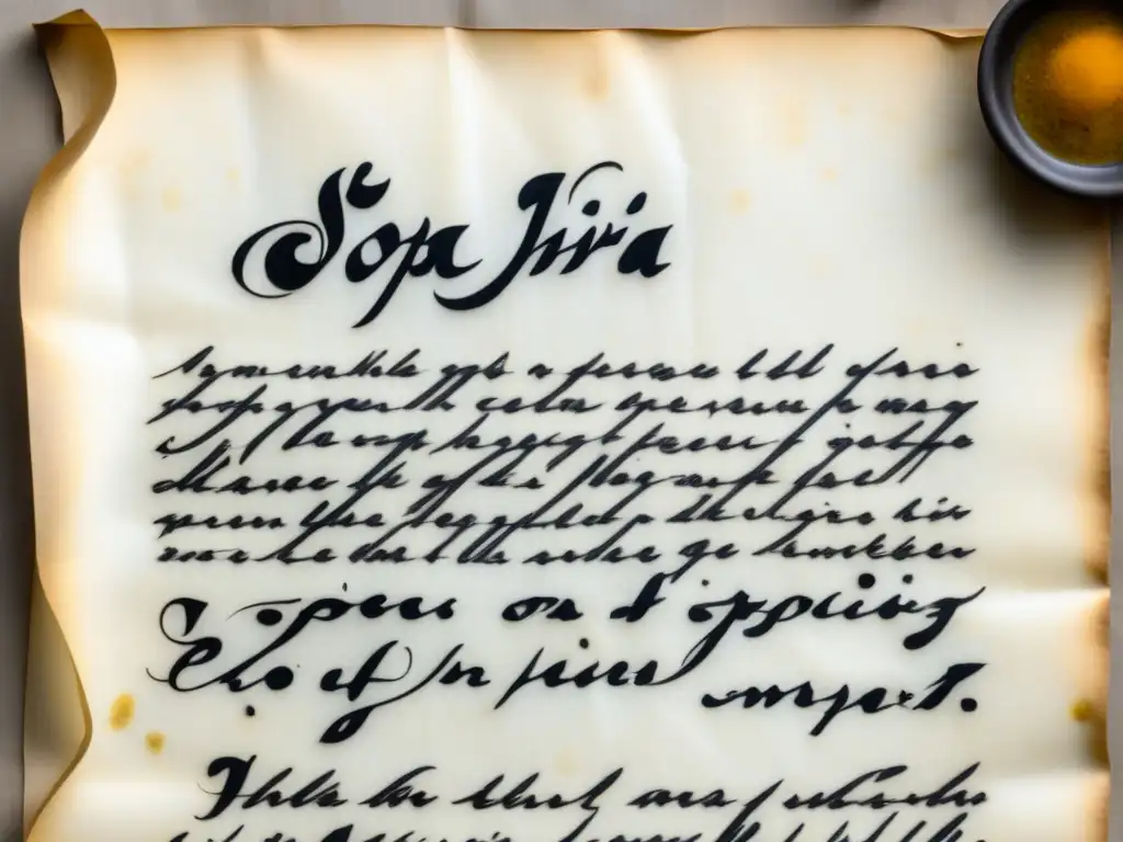 Antigua receta de 'Sopa Imperial' en pergamino, detallada caligrafía y manchas de tinta, subastas gastronómicas recetas históricas