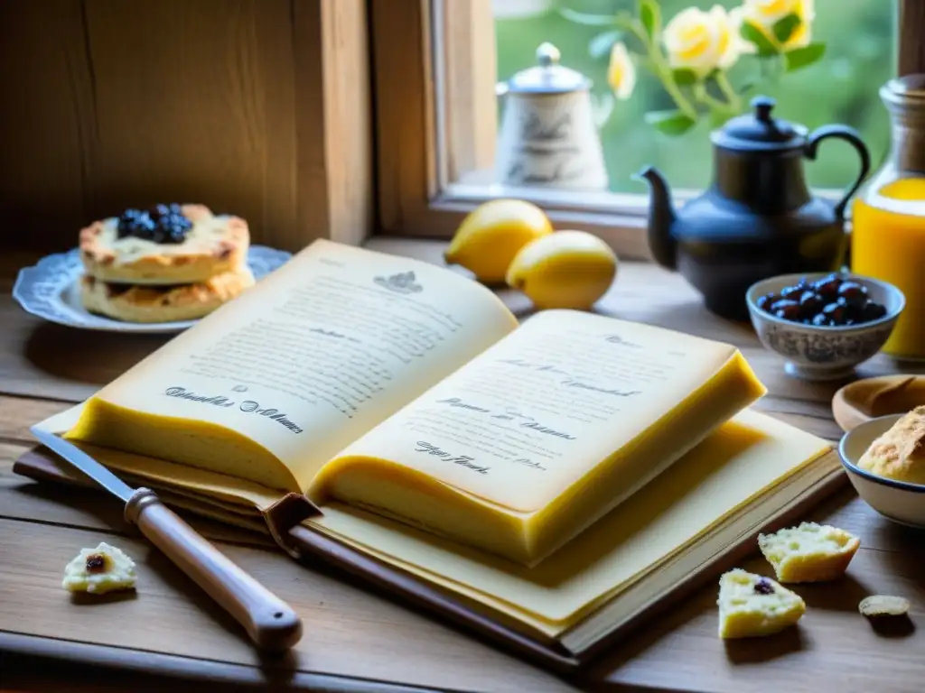 Una antigua receta victoriana de scones en un libro de cocina en una mesa de madera iluminada por luz natural