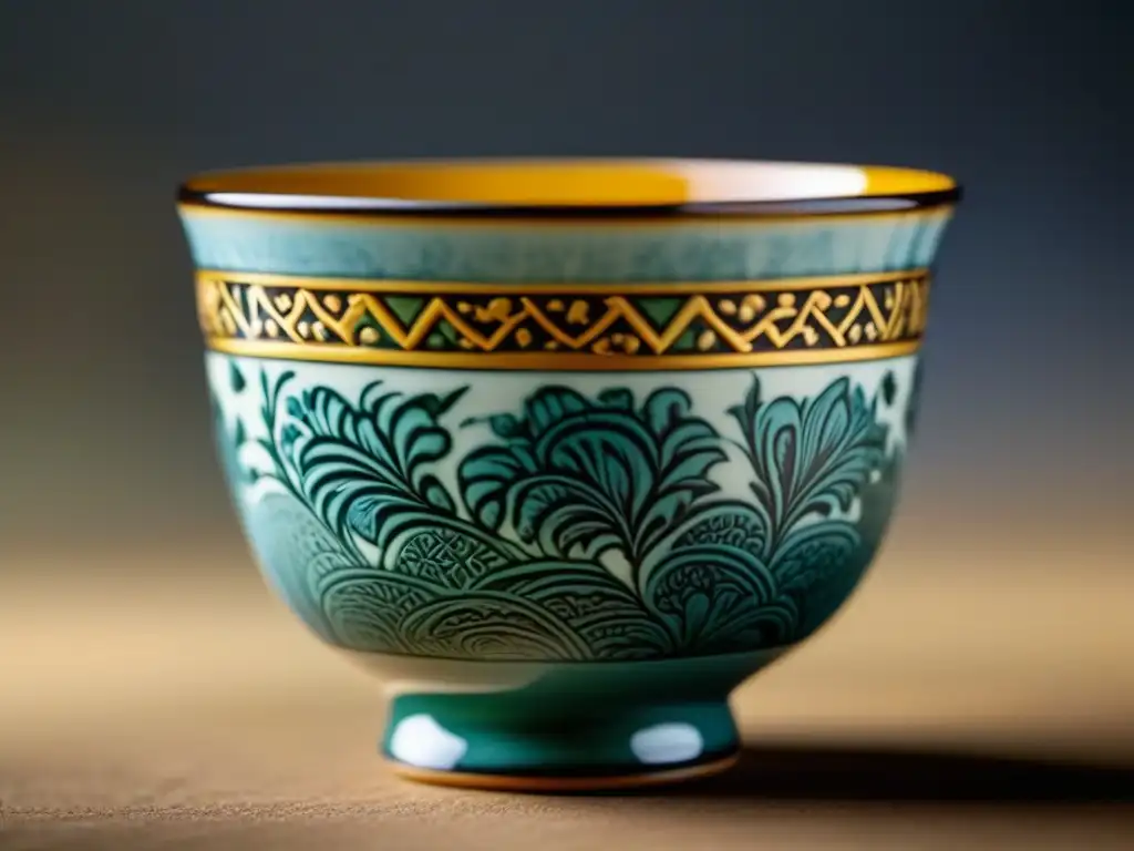 Una antigua taza de té cerámica con intrincados diseños y colores vibrantes