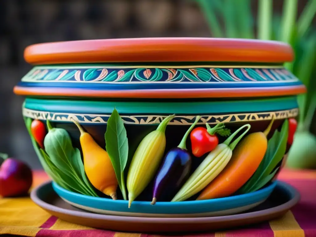 Antigua técnica de conservación de alimentos: detallada imagen de una olla de barro llena de frutas y verduras coloridas