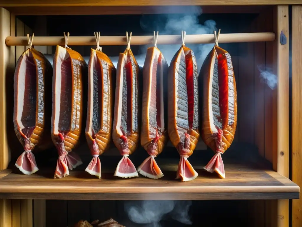 Antigua técnica de preservación de carne en historia: ahumadero tradicional lleno de cortes de carne envejeciendo y ahumándose