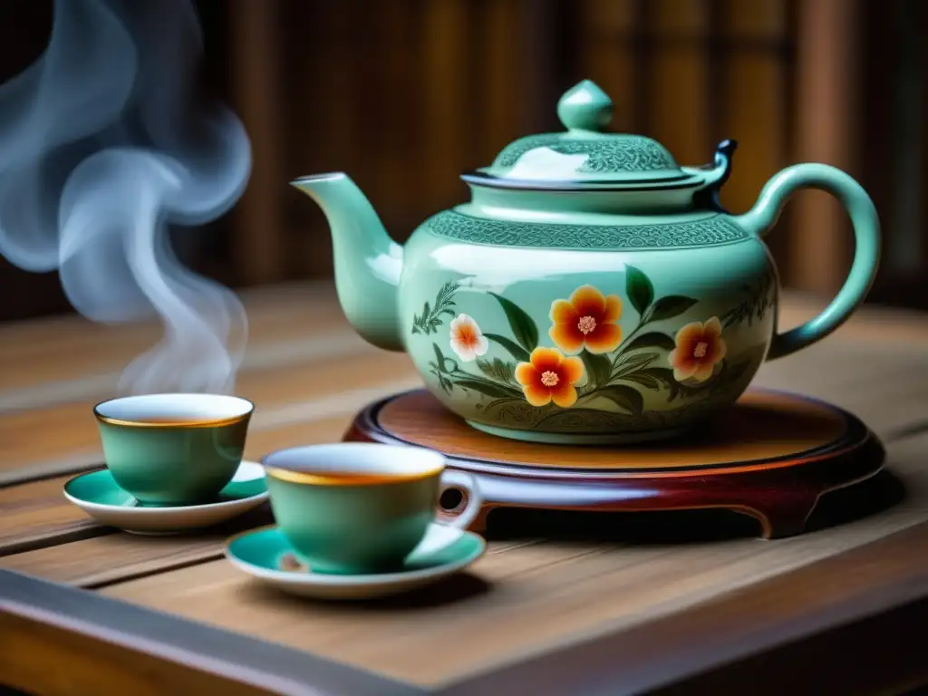 Antigua tetera china con diseños florales pintados a mano, simbolizando la evolución de teteras en ceremonias históricas de té