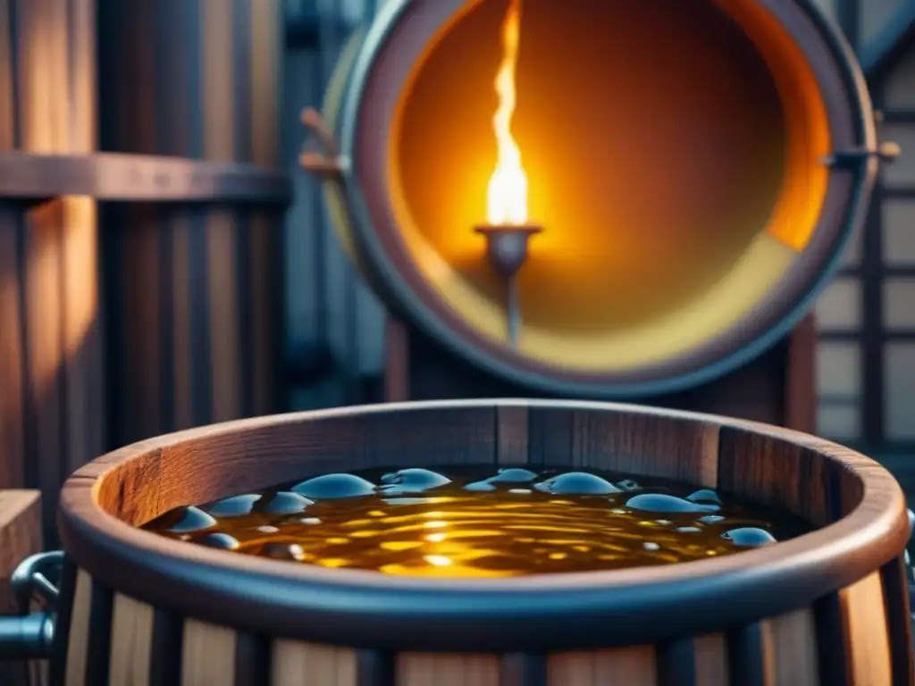 Una antigua tina de madera llena de líquido dorado burbujeante rodeada de ingredientes de elaboración de cerveza, iluminada por la luz de la hoguera