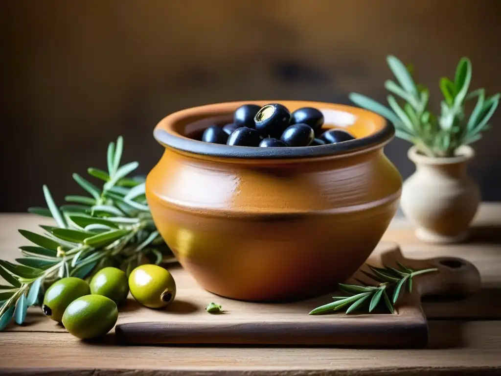 Una antigua vasija egipcia de barro con aceite de oliva rodeada de aceitunas, hierbas y especias