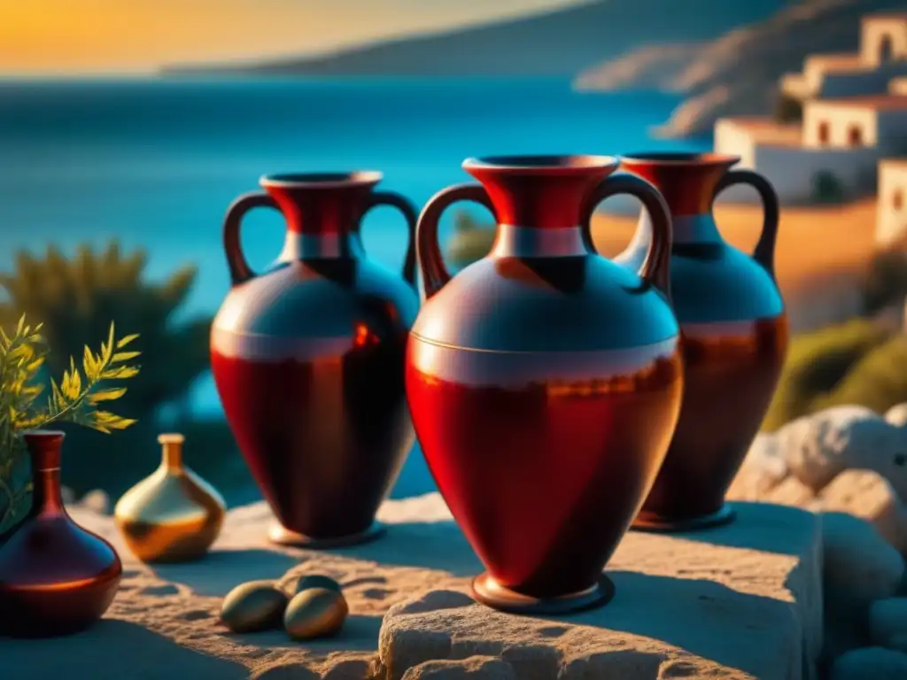 Antiguas ánforas griegas llenas de vino rojo frente al mar Mediterráneo al atardecer, destacando la historia y la influencia de los vinos griegos
